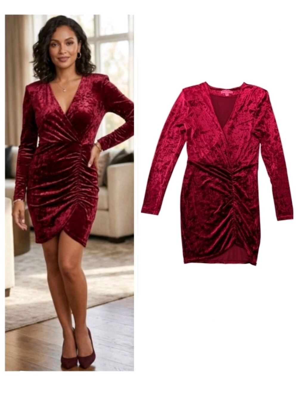Betsey Johnson Red Crushed Velour Bodycon Mini Dress Size S Long Sleeve Cocktail